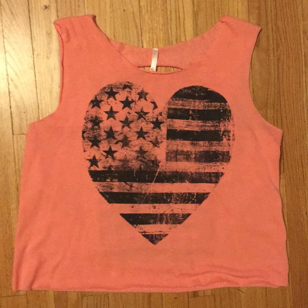 Shredded Back Sleeveless American Heart Flag Tee